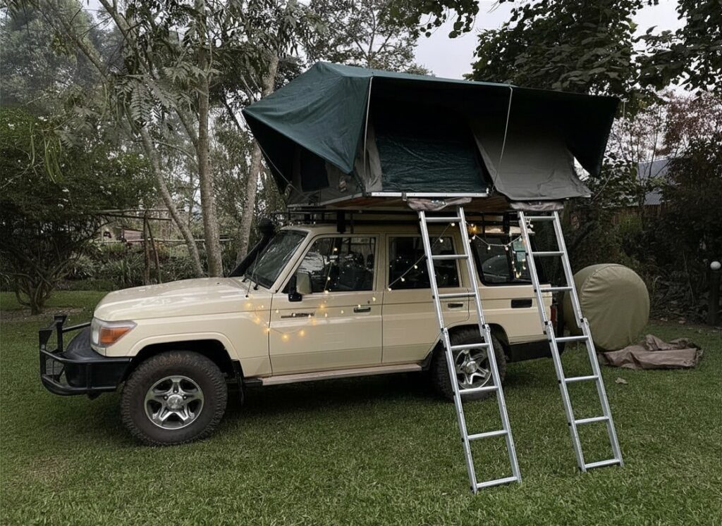 Rent a cheap land Cruiser hardtop with two rooftop tents in uganda